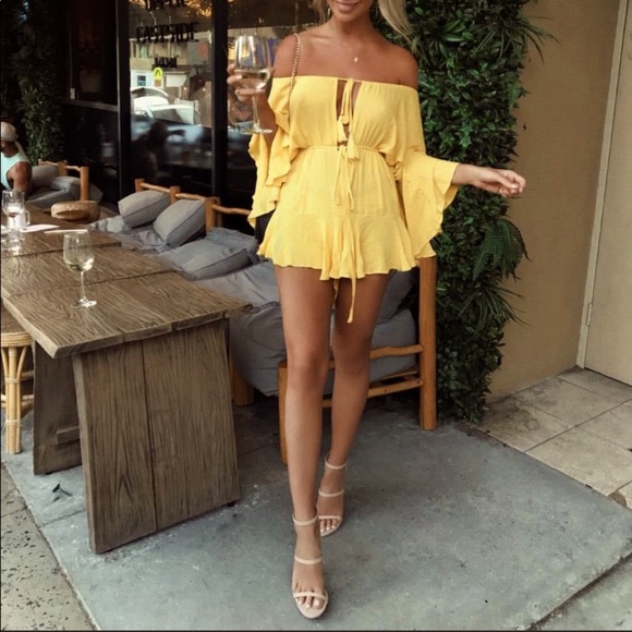 White Fox Boutique Marigold Yellow Tassel Tie Ruffle Romper Jumper - Picture 3 of 15